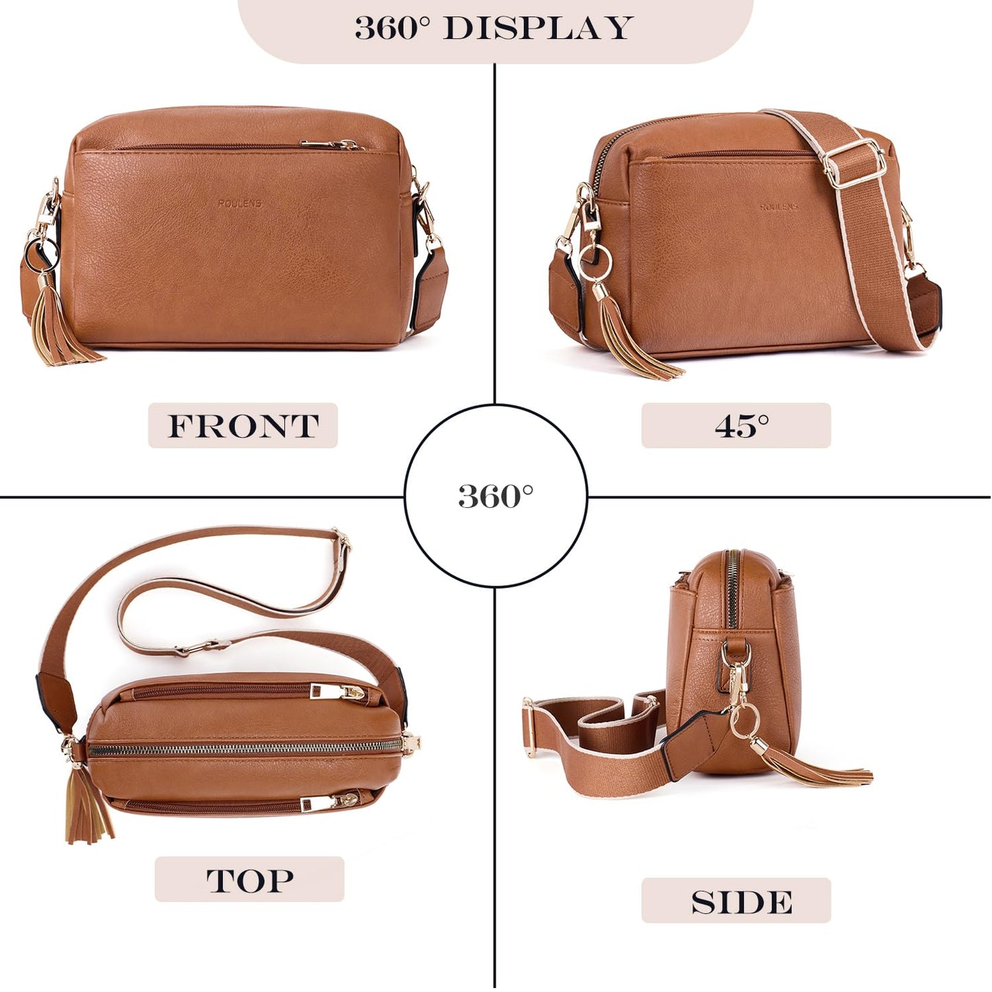 Roulens Triple Zip Small Crossbody Bag for women,Wide Strap Cell Phone Purse Shoulder Handbag Wallet with Credit Card Slots