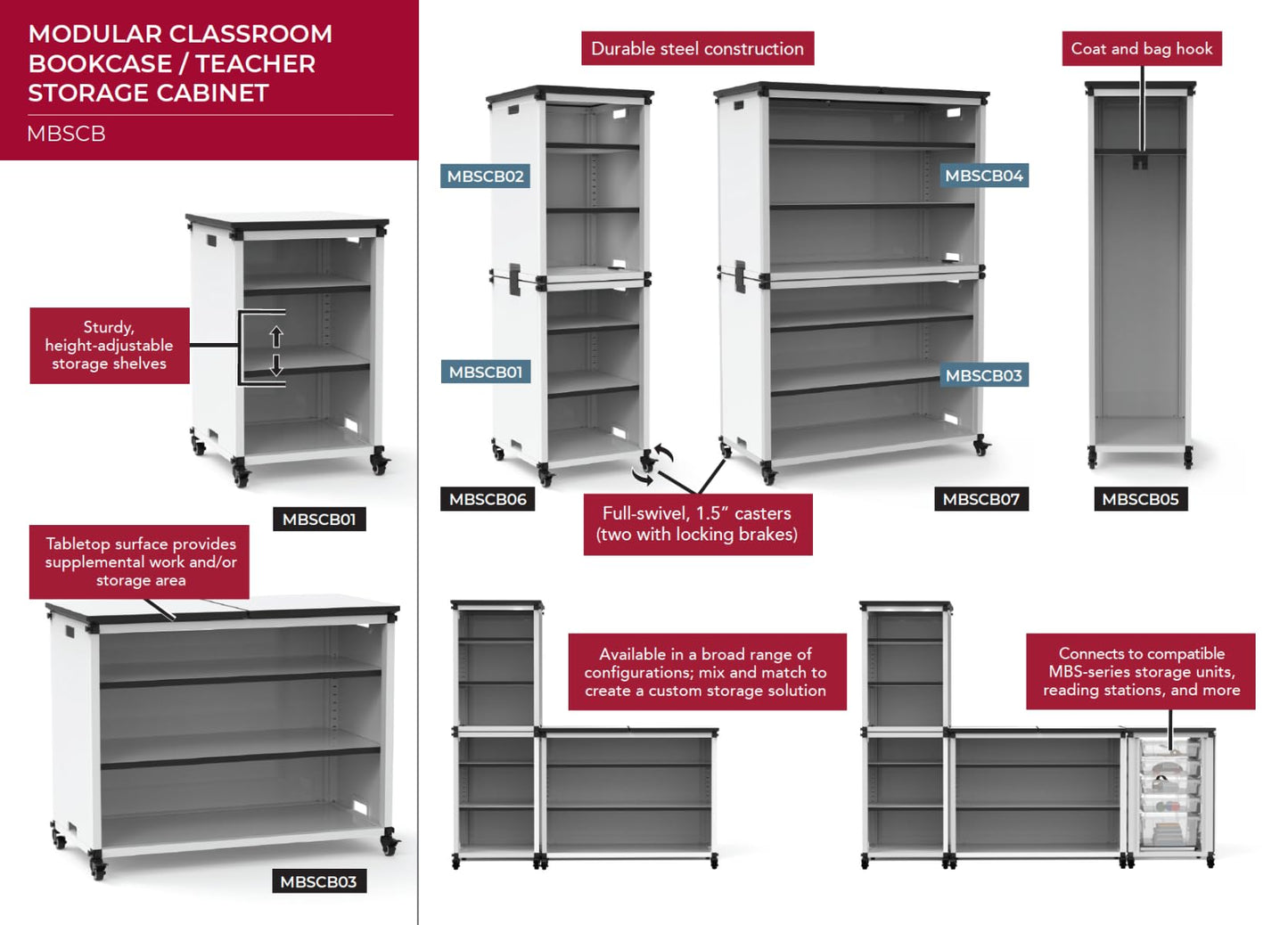 Classroom Basics MBSCB03 Modular Classroom Bookshelf, Wide Mobile Storage Cabinet with Adjustable Shelves, Steel Frame, 1.5" Swivel Casters with Locking Brakes, 36.5" W x 18.25" D x 29" H