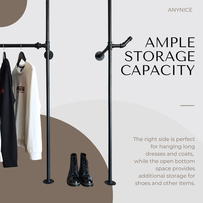 Anynice Black Industrial Pipe Clothing Rack 62.5" W Wall Mounted, Heavy Duty Iron Garment Rack 150 lbs per Rod, Open Closet Organizer for Bedroom Laundry Room Retail Display