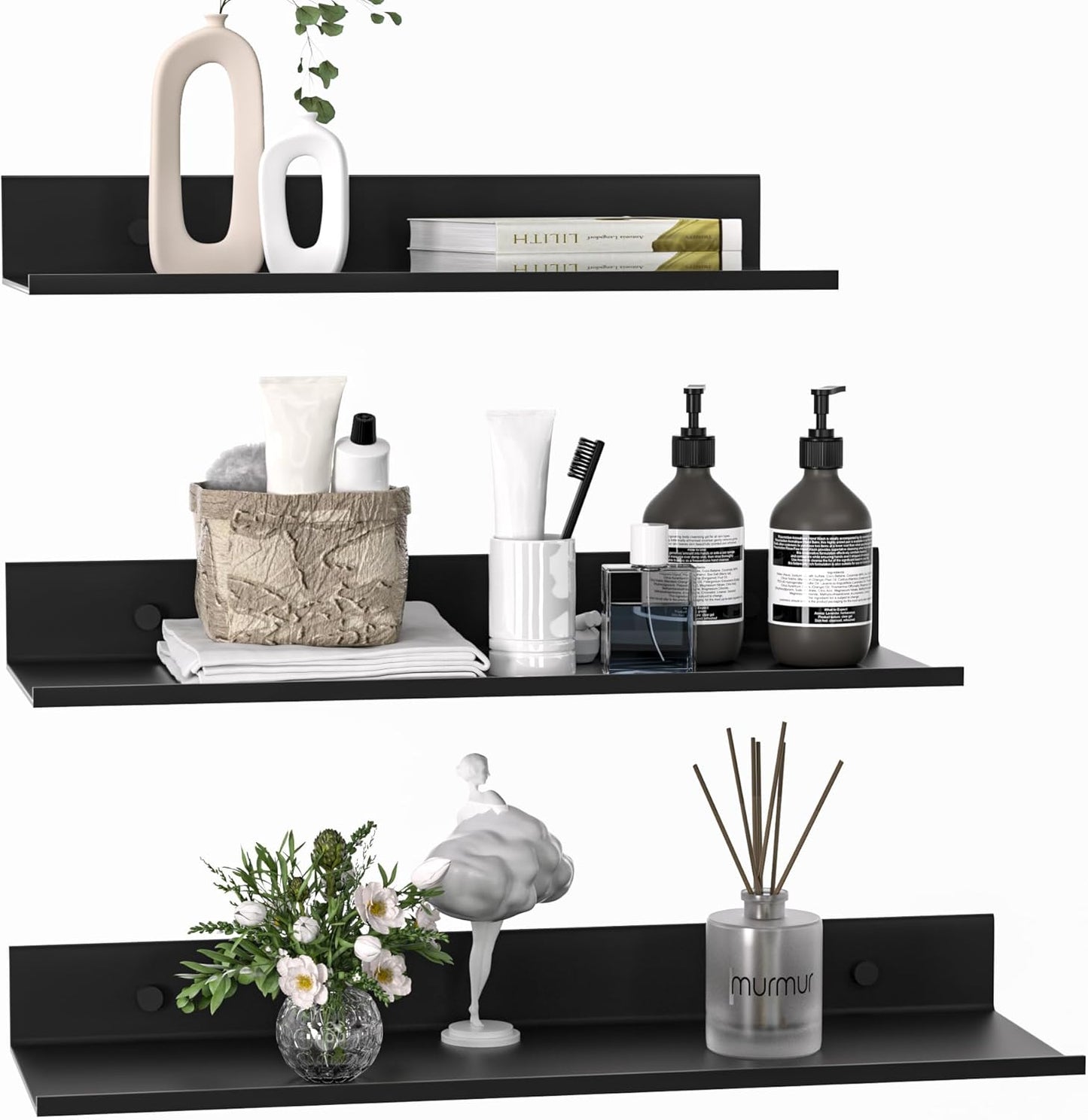 Wisfame Floating Wall Shelves - Set of 3 Black Metal Shelves for Modern Home Decor | 11.8/13.8/15.7 in