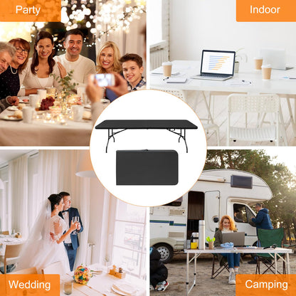 SculPong 8 FT Folding Table with Carry Handle, Portable Fold-in-Half Plastic Table, Rectangle Foldable Table for Indoor/Outdoor Black