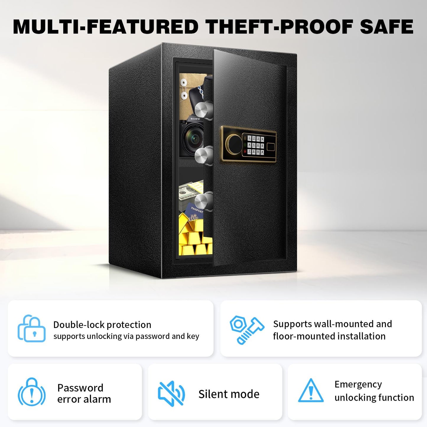 YAYAG 2.5 Cuft Home Safe Box Fireproof Waterproof, Anti-Theft Security Box with Emergency Type-C External Interface, Electronic Digital Keypad, Safety Personal Combination lock for Office Document