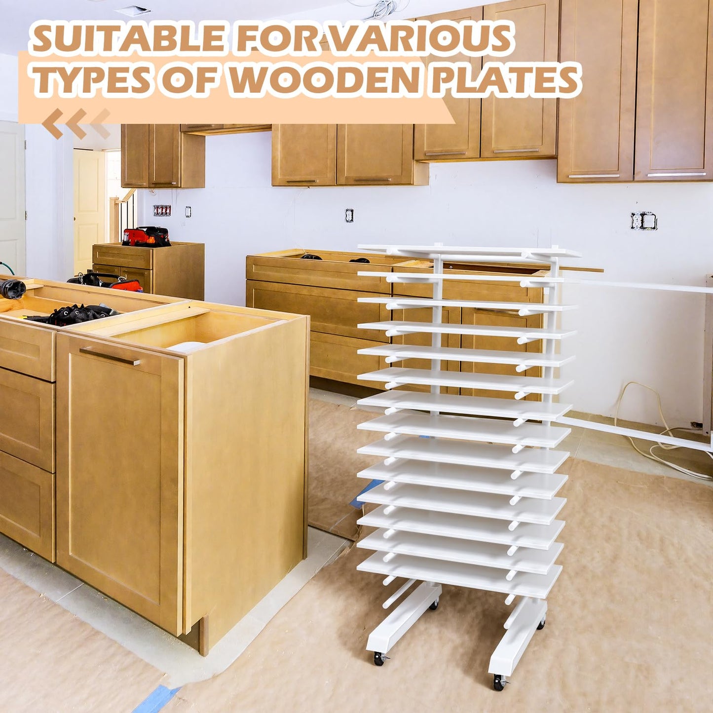 Colingmill 1 Pack 15 Tier Cabinet Doors Paint Drying Rack with Casters 16 in Rods 20 in Base White Powder Coated 15lbs/Shelf Iron Detachable Crossbars Space Saving for Painted Wood Panels Doors