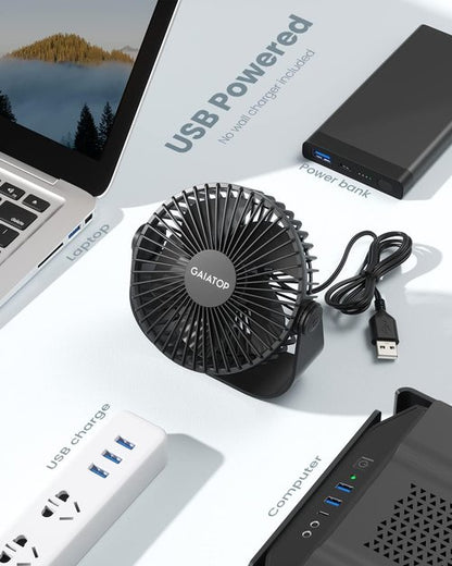 Gaiatop USB Desk Fan - 3-Speed Portable Cooling with 90° Rotation | 5.5 Inch Quiet Personal Fan in Black