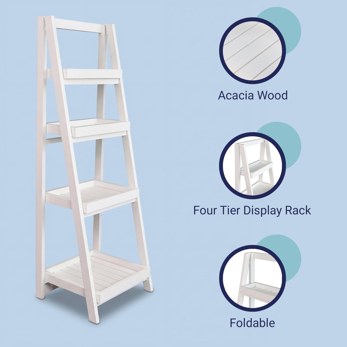happimess SHF2008W Everett 48 in. H Minimalist Handcrafted Acacia Wood 4-Tier Indoor/Outdoor Folding Display Ladder Storage Rack and Plant Stand, White