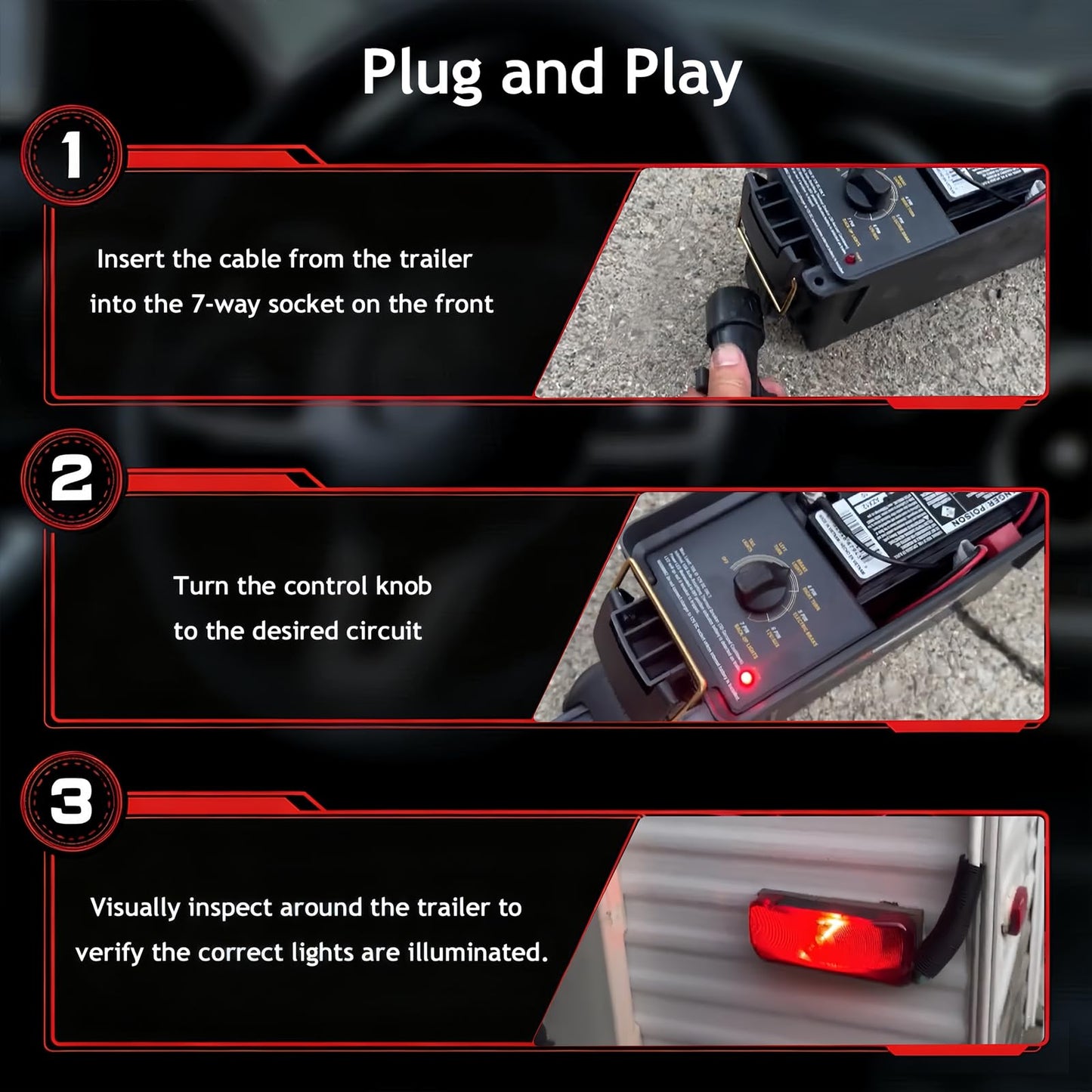 9101 Trailer Light Tester Box (7-Way Spade Pin Style with Trailer Plug Adapter) Test Trailer Lighting and Brake Systems | Trailer Plug Tester Avoid Blown fuses and Light Tester