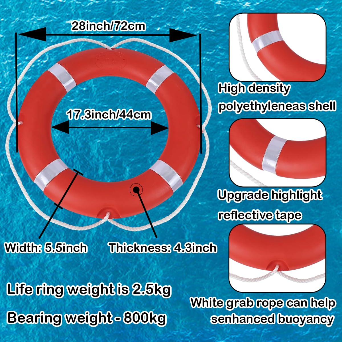 Life Ring Buoy Boat Safety Throw Ring with Water Floating Lifesaving Rope 98.4FT Set, Outdoor Professional Throwable Flotation Device (28in)