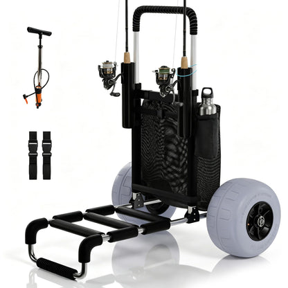 PYY Beach Fishing Cart - 220LBS Foldable Aluminum Beach Wagon Trolley with 13" Balloon Wheels, 23" x 15" Cargo Deck, Fishing Rod Holders, 30" to 40" Adjustable Handle, Heavy Duty Cart for Beach