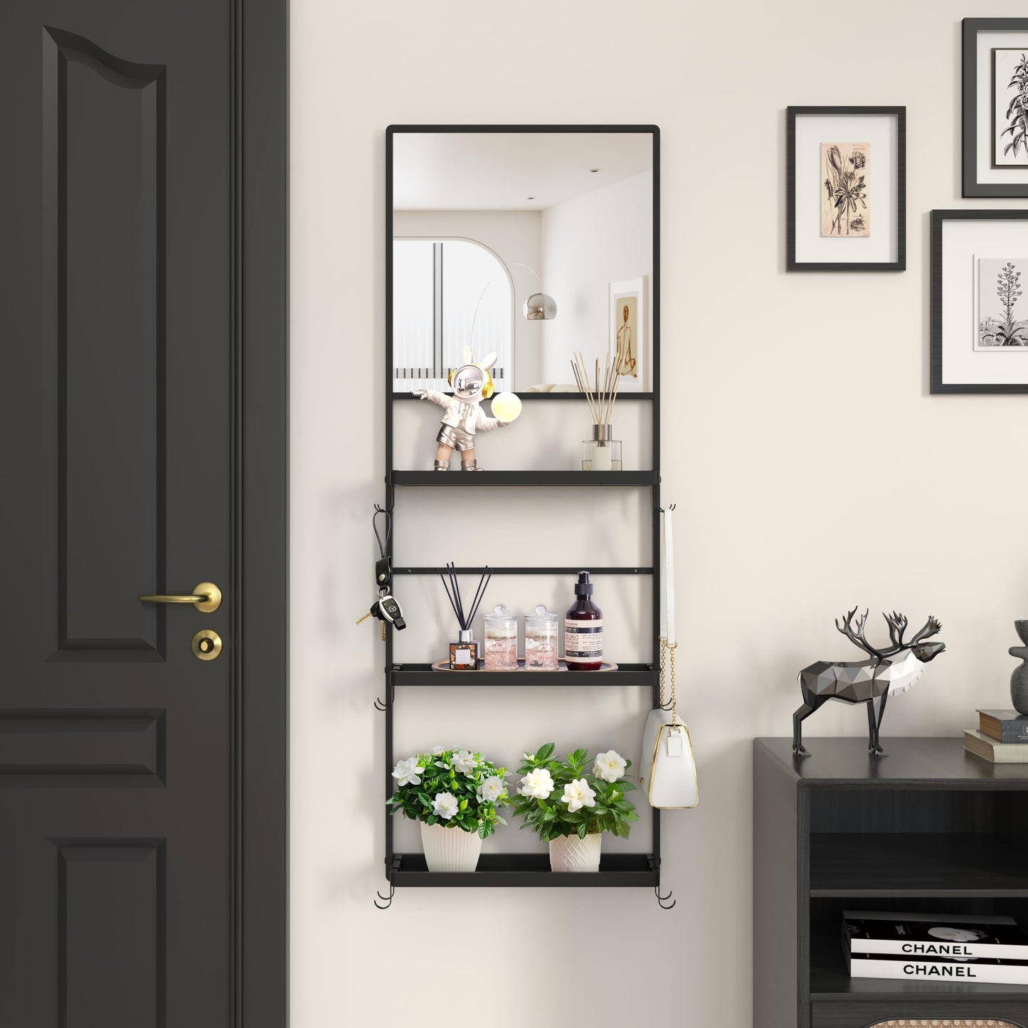 WONSTART 45" X 16" Black Wall Mirror with Shelf and Hooks, Rectangle Mirror for Wall, 3 Trays and 12 Removable Hooks,for Living Room, Hallway, Bedroom (Black-Square)