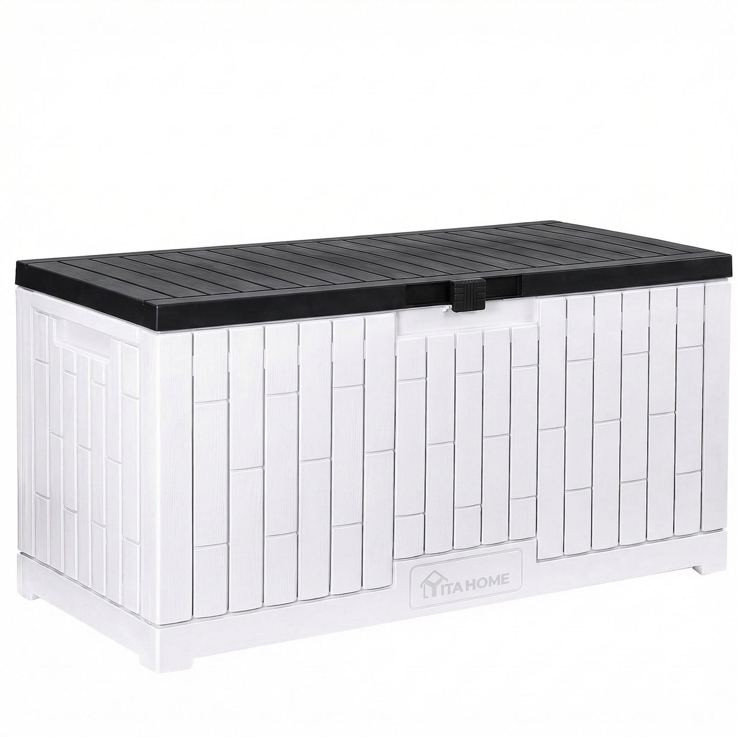 YITAHOME Large Deck Box 120 Gallon Resin Outdoor Storage Box w/Slide-Locking Black Lid, Patio Storage Bin for Outdoor Pillows, Garden Tools and Pool Supplies, Waterproof, Lockable, Grayish-White