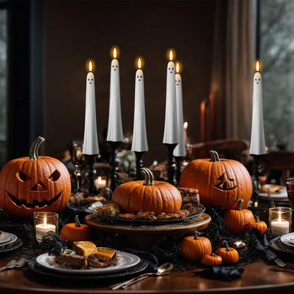 Halloween Ghost Flameless Taper Candles Battery Operated with Remote and Timer Real Wax 3D Wick Flickering White LED Taper Candlesticks Spooky Halloween Indoor Decor(2 Pack, 0.79"D x 9.5"H)