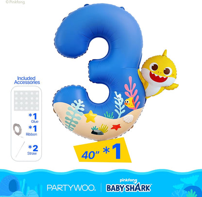 **PartyWoo Baby Shark Number 3 Balloon - 40 Inch Blue Mylar Helium Decoration for Kids' Birthday**