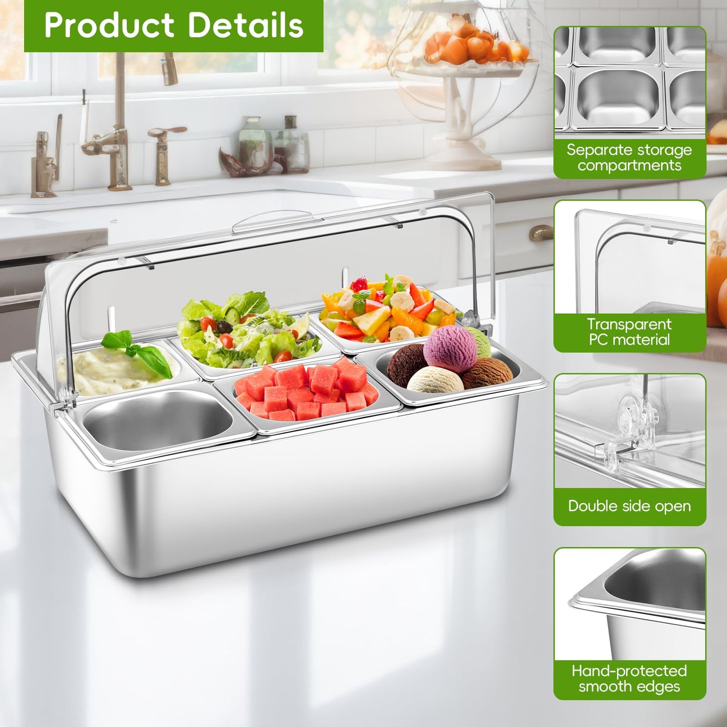 Countertop Food Serving Display Container with Clear Roll Top Cover, Stainless Steel Buffet Food Serving Tray, Condiment Serving Container Dispenser for Restaurant Kitchen Party(6 Compartments)