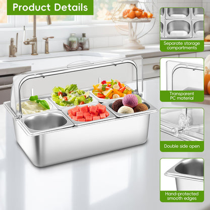 Countertop Food Serving Display Container with Clear Roll Top Cover, Stainless Steel Buffet Food Serving Tray, Condiment Serving Container Dispenser for Restaurant Kitchen Party(6 Compartments)