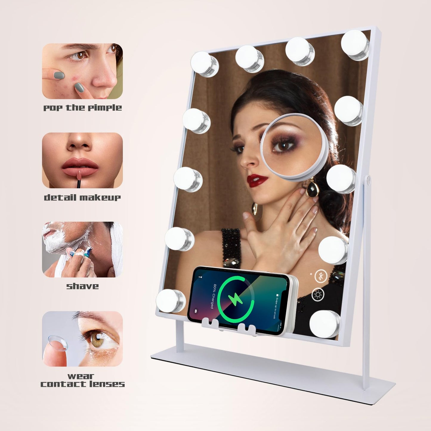 COOLJEEN Makeup Mirror Vanity Mirror with Lights - 12 Led Bulbs Lighted Hollywood Mirror, 10X Magnification,3 Color Modes, Touch Control, Women Gift (White)
