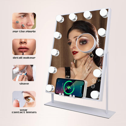 COOLJEEN Makeup Mirror Vanity Mirror with Lights - 12 Led Bulbs Lighted Hollywood Mirror, 10X Magnification,3 Color Modes, Touch Control, Women Gift (White)