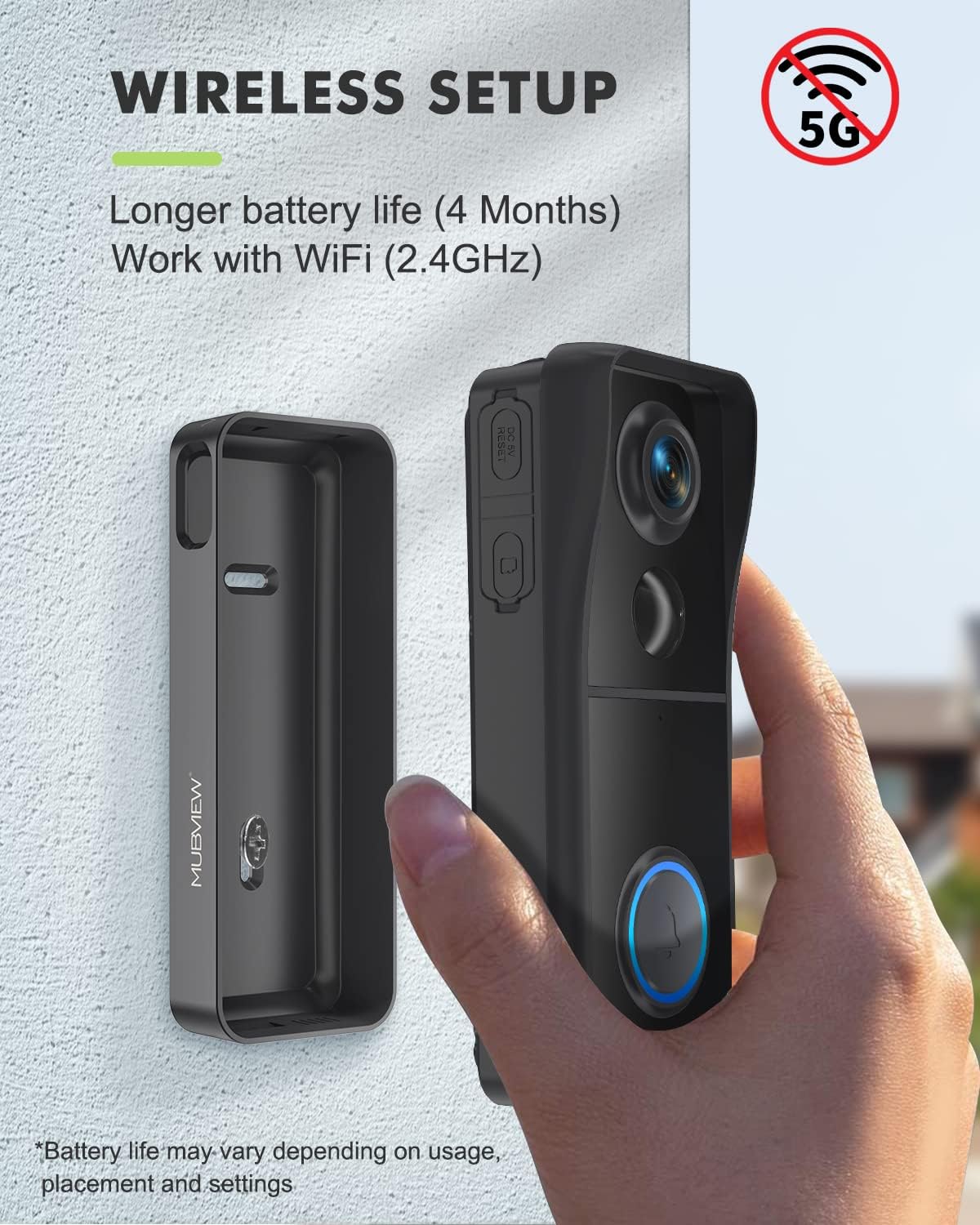 MUBVIEW Doorbell Camera Wireless with Chime, Video Doorbell - No Subscription, Voice Changer, Motion Zones Customization, 1080HD, PIR Human Detection, 2.4Ghz WiFi, Battery-Powered Smart Doorbell