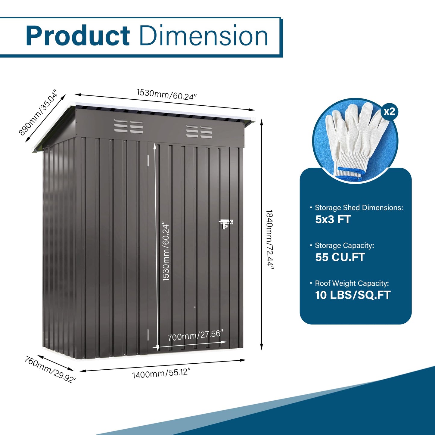 YOPTO 5X3 FT Sheds & Outdoor Storage,Metal Waterproof Tool Sheds with Pitched Roof and Lockable Door,Backyard House Buildings w/Vents,for Garden Sundries Sundries Bike,Gray