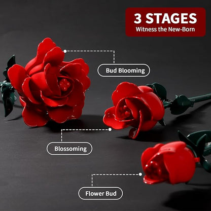 Red Rose Flower Bouquet Building Set Botanical Collection Kit Artificial Fake Flowers Blocks Home Table Decor Aesthetic for Valentine's Day Birthday DIY Craft Floral Gift Without Vase