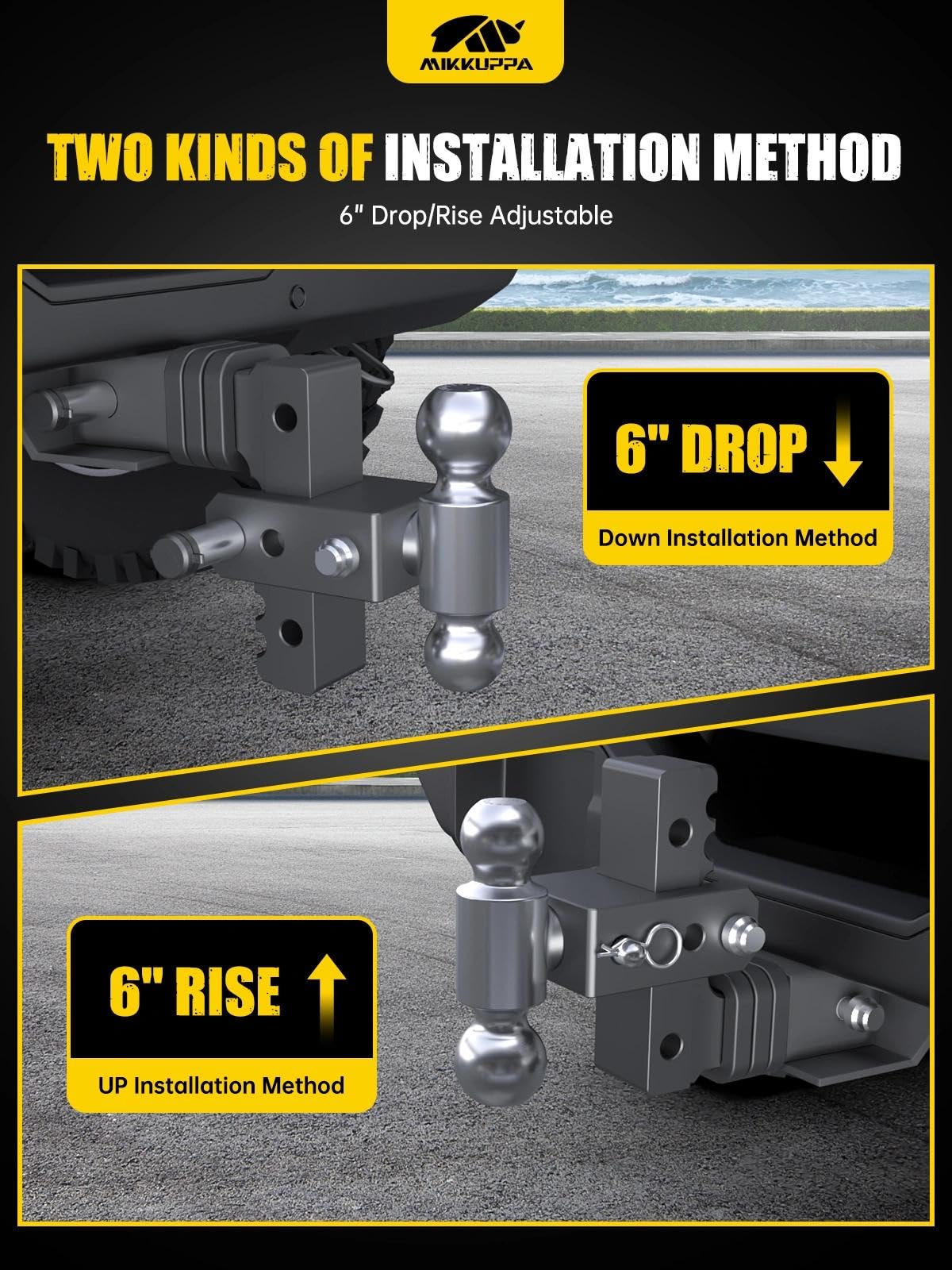 MIKKUPPA Adjustable Trailer Hitch - Fits 2.5" Receiver, 6" Drop/Rise Heavy Duty Aluminum Tow Hitches for Truck with Dual Ball Mount 2" x 2-5/16" (18,500 LBS GTW) and Anti-Theft Locking Hitch Pins