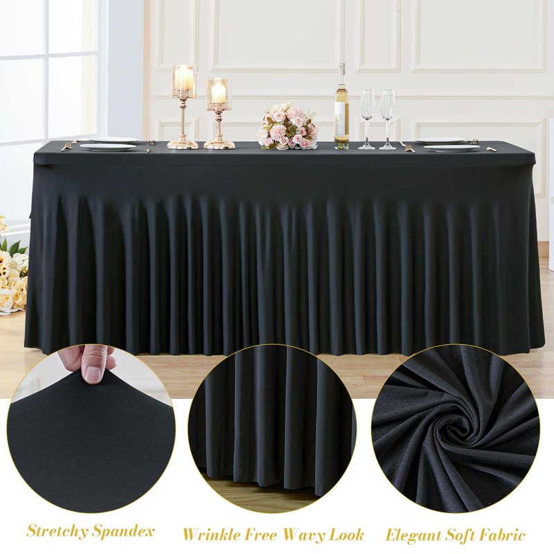 gogoparti 2 Pack Spandex Black Fitted Table Cloth for 6ft Rectangle Tables Black Stretch Tablecloth Table Covers Skirt Banquet Wrinkle Free Tablecloths for Parties Wedding