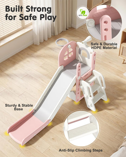 Babytronic Toddler Slide for Kids 1-3, 6-in-1 Toddler Slide Set with Basketball Hoop & Telescope, Indoor Outdoor Toddler Playset, Kids Climber Playset for Small Spaces, Indoor Playground, Pink