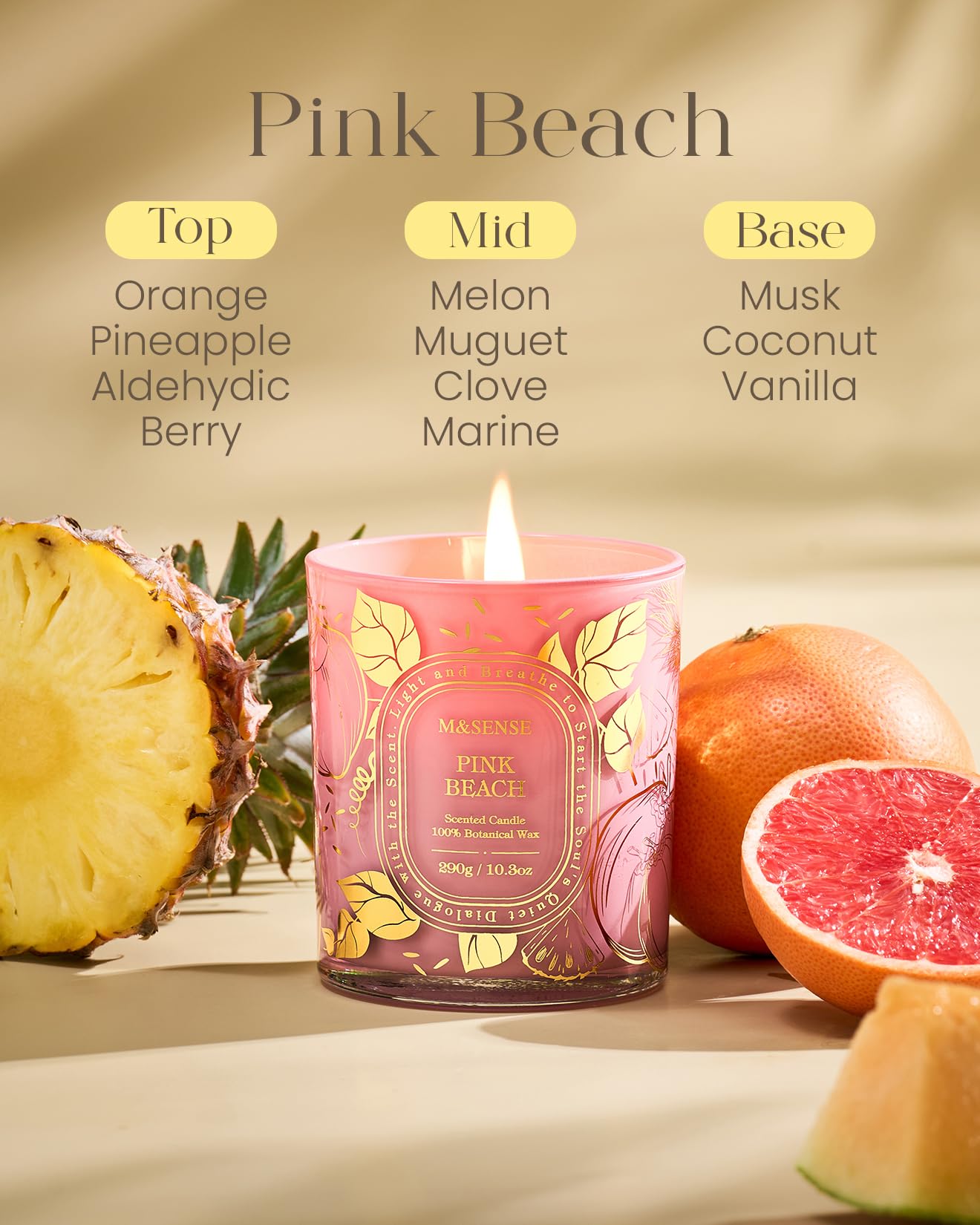 M&SENSE Pink Beach Scented Candle, Soy Candle Clean Burn Non Toxic, 55 Hours Long Burning 10.3oz, Summer Romantic Dating Home Fragrance Decor, Gifts for Women