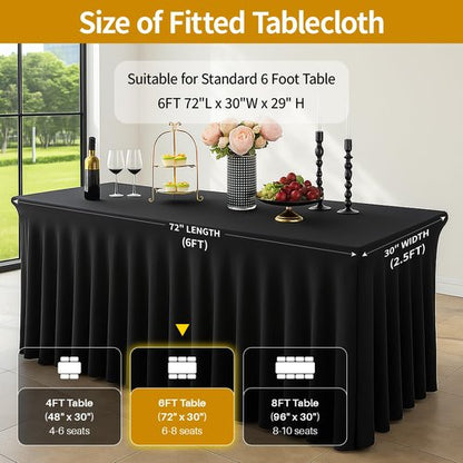 Deep Dream 2 Pack Black Spandex Table Covers 6 Foot, Fitted Stretch Tableclothes 30x72 Inch, Wrinkle Free 6FT Fitted Table Clothes with Skirt for Party, Banquet, Wedding and Events