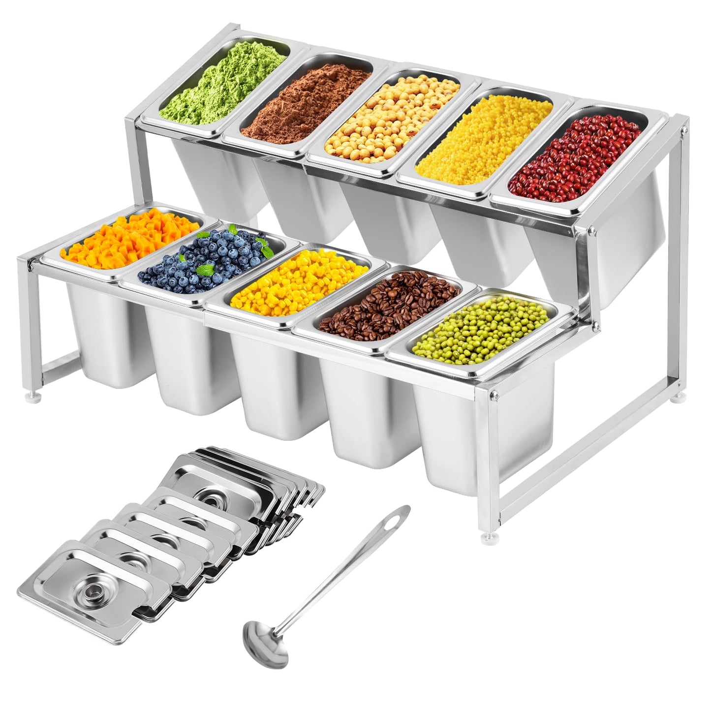 Meticuloso Expandable Spice Rack Stainless Steel Organizer Shelf for Sauce Ingredients Fruits, for Kitchen Pantry Use,10 Spoons,10 Lids&10 Buckets