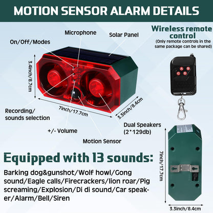 Qualirey 6 Pcs Solar Outdoor Motion Sensor Alarm with Stake Animal Deterrent Dog Barking Sensor 13 Sound 130db Loud Noise Maker 4 Mode with USB Remote Control Support Recording Volume Adjustment