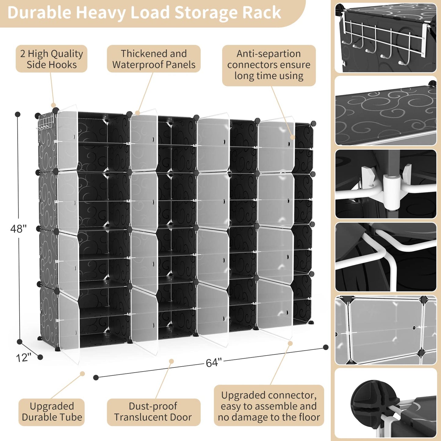 WEXCISE Portable Shoe Rack with Door, 64 Pairs Cabinet Easy Assembly, Plastic Adjustable Shoe Storage Organizer Stackable Detachable Free Standing DIY Expandable 8 Tier Black