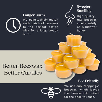Bluecorn Beeswax Tea Light Candles, 100% Pure Natural Bees Wax, Yellow Tea Lights, Fragrance Free, Paraffin & Soy Free Candle Wax, Clean Burning, Long Lasting (4-5 Hrs), American Made, 24 Pack