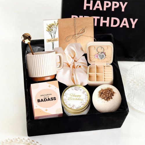 EOECL Happy Birthday Gift Box for Women - Relaxing Spa Basket for Best Friend, Mom, Coworker - Unique Gift Set with Affirmation Cards - Perfect for 18th 30th 40th 50th 60th Birthday