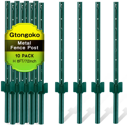 Gtongoko 10 Pack 6FT Heavy Duty Metal Fence Posts, Green U Channel No Dig Fence Stakes with Anchor Plate, 14 Gauge Steel Posts for Wire Fencing, Garden Protection, Animal Barrier, Yard & Farm Boundary