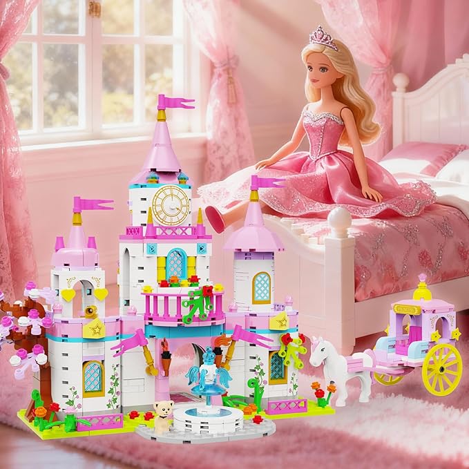 Princess Castle Building Blocks Set for Girls 6+ 634PCS Fairy Tale Dream Castle with Rotating Fountain &amp Movable Carriage Compatible with Lego Friends Gift for Kids Girls Princess Lovers