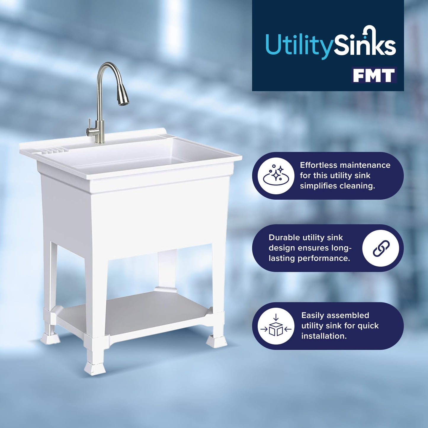 UTILITYSINKS Freestanding Utility Tub Sink with Quick Connect Drain, 24 x 24", White - Portable and Compact Sink with Faucet for Outdoor Kitchen, Laundry Room, Garage, and Basement