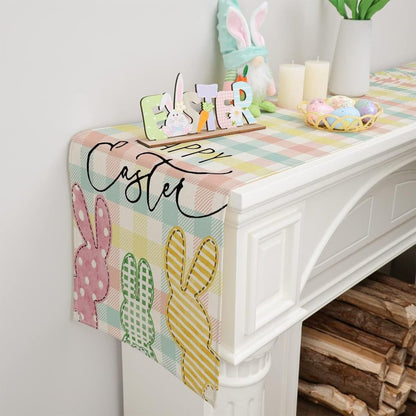 Niviy Buffalo Plaid Rabbit Bunny Happy Easter Table Runner, Easter Decorations, 13x72 Inch Check Stripes Kitchen Table Decor, Spring Kitchen Dining Table Decoration for Home Party Decor