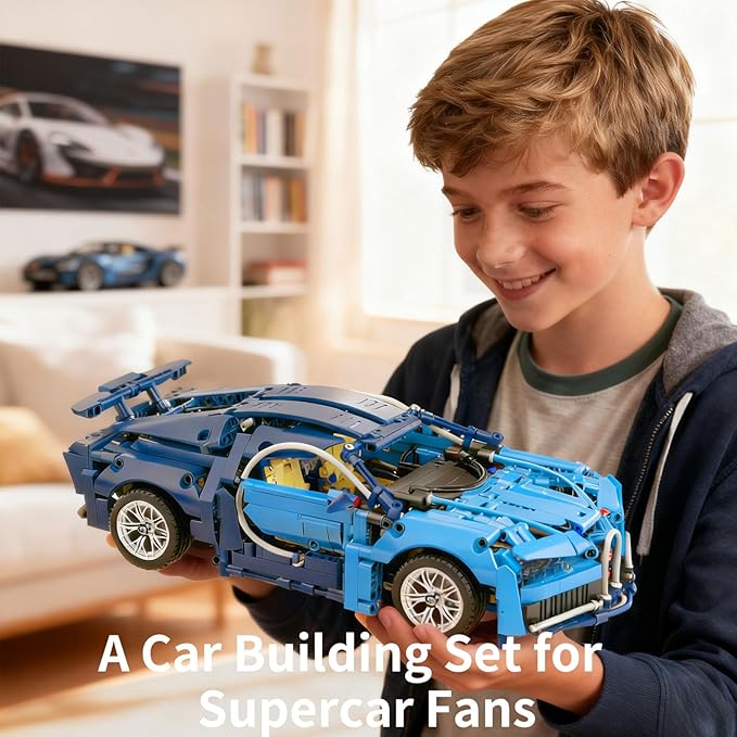 PIKARO Sports Car Building Blocks Set for Boys &amp Adults 1:14 MOC Collectible Toy Blue Race Car Model Kit Birthday Gift for Kids Teens Ages 8-14 (1144pcs)