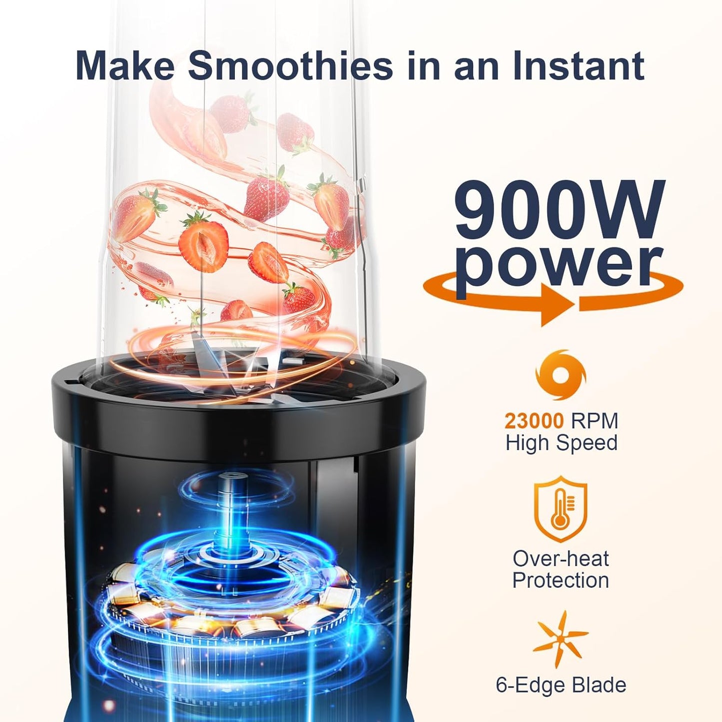 KOIOS Smoothie Blender - 900W Personal Blender for Shakes & Smoothies | Includes 2 Portable 22oz Cups, Grey Blue
