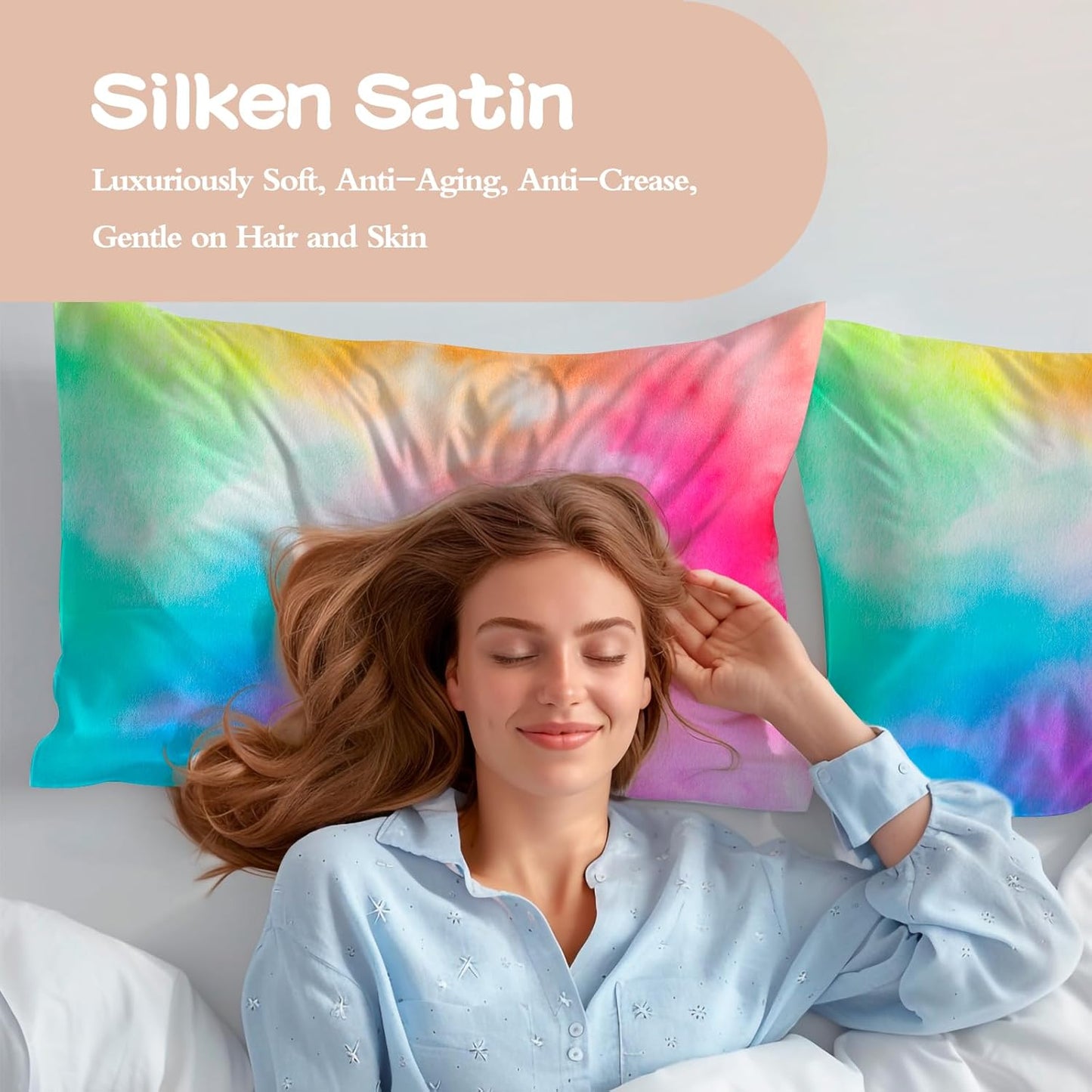 Skiennix Satin Pillowcases - Fade Resistant & Cooling | Standard Size Set of 2 - Rainbow Tie Dye