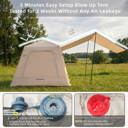 ShinHye Inflatable Tents for Camping - Blow up Tent with Awning and Pump, Easy Setup 4 Season Waterproof 420D Oxford Glamping Air Tents for Camping Adult 2/3/4 Person