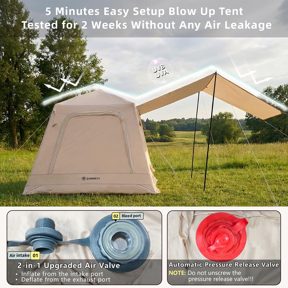 ShinHye Inflatable Tents for Camping - Blow up Tent with Awning and Pump, Easy Setup 4 Season Waterproof 420D Oxford Glamping Air Tents for Camping Adult 2/3/4 Person