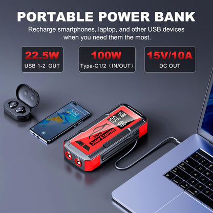 Jump Starter with Built-in Cable 16000A&59.2Wh, Portable Power Bank for 100W Dual-Way Fast Charging,12V SuperSafe Lithium Jump Box, Battery Booster Pack Up to (All Gas/14L Diesel)