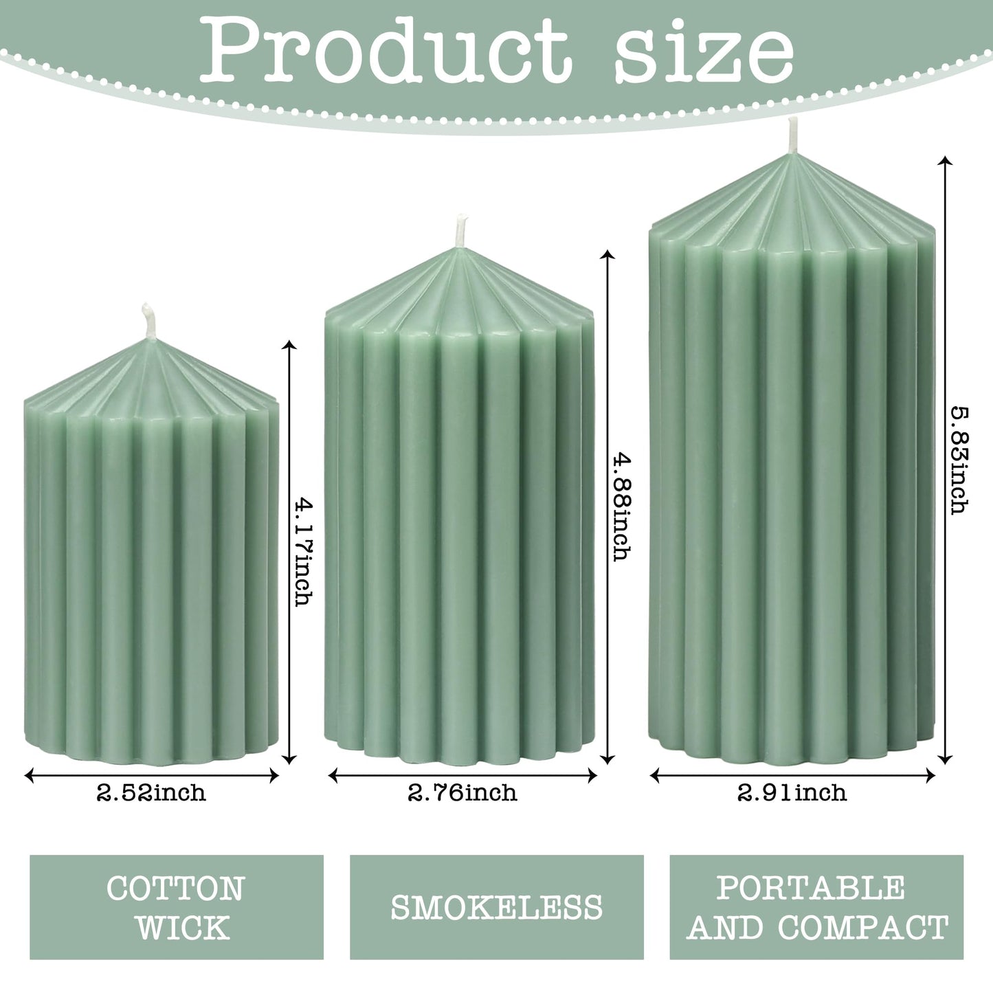 3 Pack Sage Green Ribbed Pillar Candles - Soy Wax Unscented, 2.76"x4.2/4.9/5.9 in Smokeless Non Toxic Cotton Wick, Aesthetic Modern Candles for Home Decor, Dinner Table, Living Room, Housewarming Gift