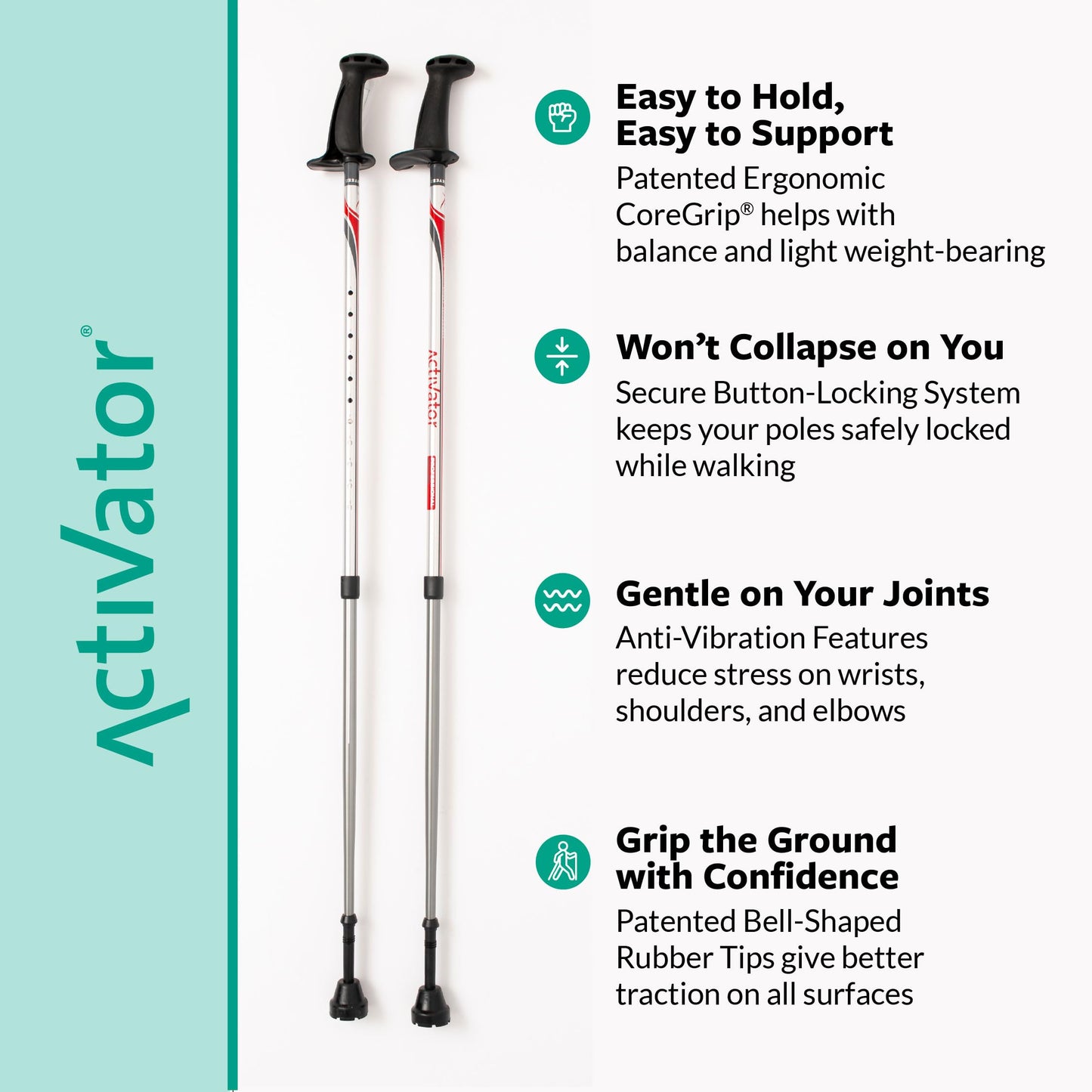 Urban Poling ACTIVATOR® Walking Poles for Balance and Rehabilitation – 1 Pair – Ergonomic CoreGrip™ Handles – Adjustable, Collapsible, and Lightweight for Stability and Recovery in Silver/Red
