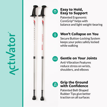 Urban Poling ACTIVATOR® Walking Poles for Balance and Rehabilitation – 1 Pair – Ergonomic CoreGrip™ Handles – Adjustable, Collapsible, and Lightweight for Stability and Recovery in Silver/Red