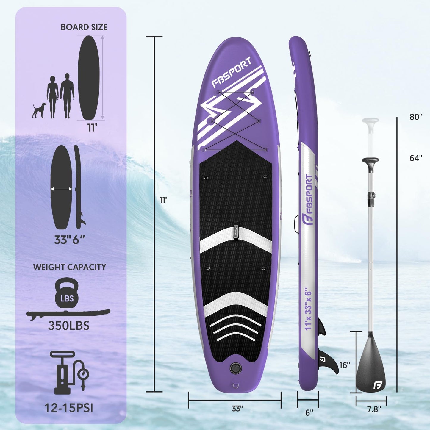 FBSPORT 11' Premium Stand Up Paddle Board, Yoga Board with SUP Accessories & Carry Bag | Wide Stance, Surf Control, Non-Slip Deck, Leash, Paddle and Pump for Youth & Adult (Purple)