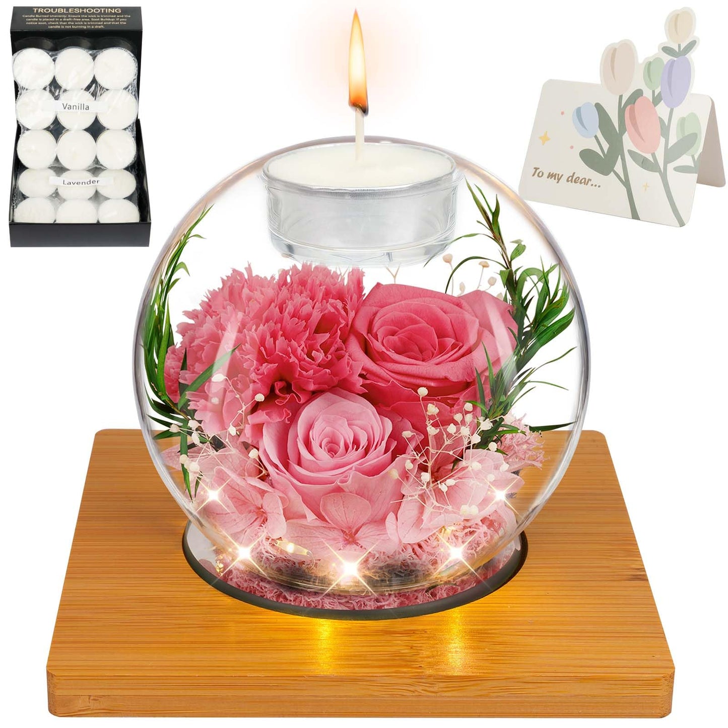 Preserved Pink Carnation Real Rose in Glass with Scented Candles–– Forever Flower Romantic Anniversary Christmas Birthday Valentines Mothers Day Gifts for Mom, Women, Wife, Girlfriend, Her, Grandma