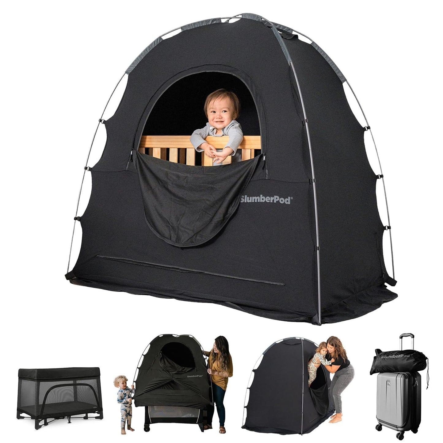 SlumberPod The Original Blackout Sleep Tent Travel Essential for Babies and Toddlers, Mini Crib and Pack N Play Cover, Sleep Pod for Kids with Monitor Pouch and Fan Pouch, Blocks 99% Light, Black