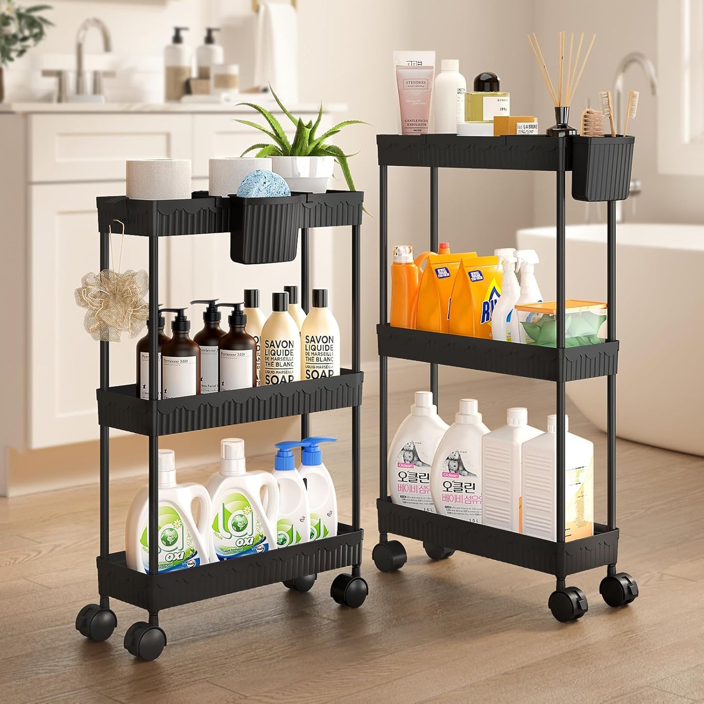Sevenblue Slim Rolling Storage Cart - 3 Tier Utility Organizer with Wheels for Kitchen & Bathroom (Black)